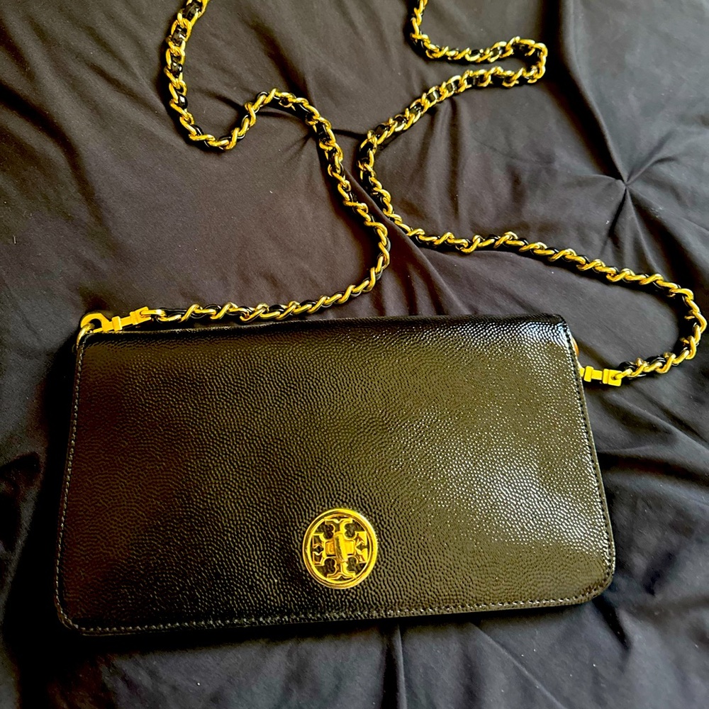 Tory Burch Black and Gold Crossbody Bag with Chain Strap